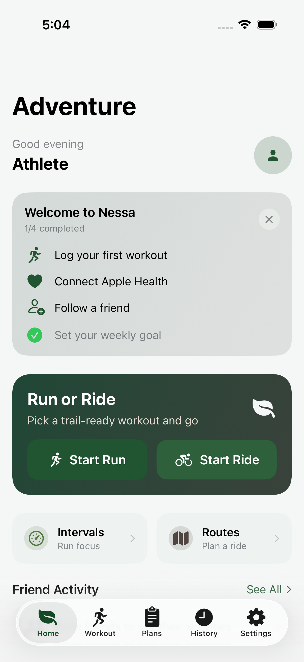 Nessa home dashboard with activity metrics
